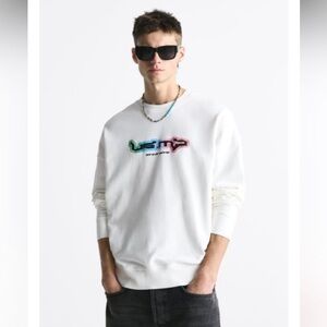 Zara Men's Cream Crewneck Sweater with Multicolor Logo